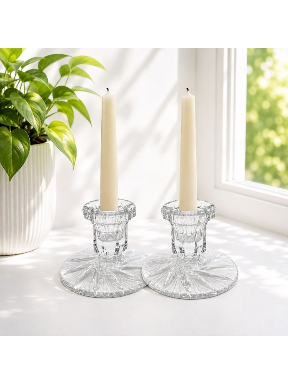Vintage Crystal Taper Candle Holders With Starburst Base Design - Pair Elegant T